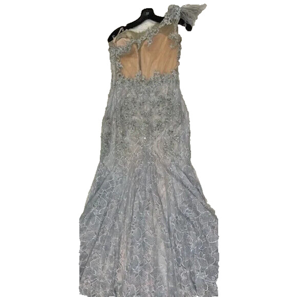 MAC DUGGAL 79264 EMBROIDERED APPLIQU FEATHERED ONE SHOULDER CRYSTAL BLUE GOWN 14 - Picture 5 of 6